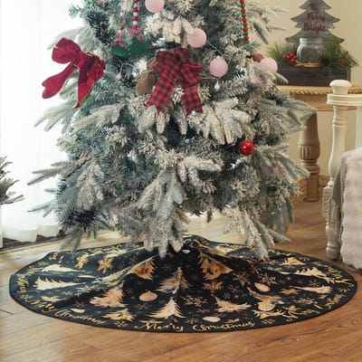 Vrolijke kerstboomrokkraag 48 inch kerstboom sneeuwvlokken zachte boerderij vakantiedecoratie (goud & zwart)
