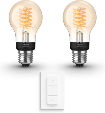 Philips Hue Voordeelpakket - E27 - met 2 Filament Standaard Lampen - Warmwit Licht - Incl. 1 Hue Dimmer Switch - Hue White Filament