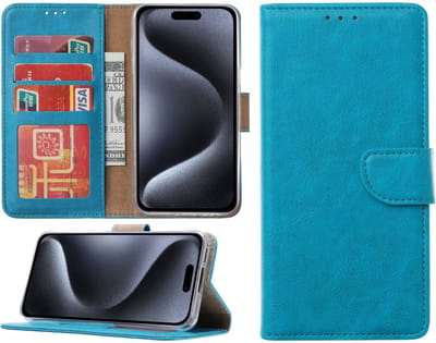 Hoesje Geschikt voor iPhone 15 Pro Max – portemonnee bookcase met pasjeshouder – Blauw