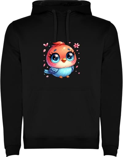 Zwarte Hoodie Kleurrijke Kleine Vogel - Vrolijk met Vlinder en Bloem in Oranje en Blauw - Cartoon - Humor Maat M