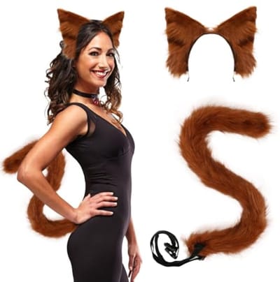 Pack of 2 Cat Tail and Headband Cat Ears Fox Ears 75 cm Plush for Women Girls Carnival Halloween Party Cat Costume - ShopVlot