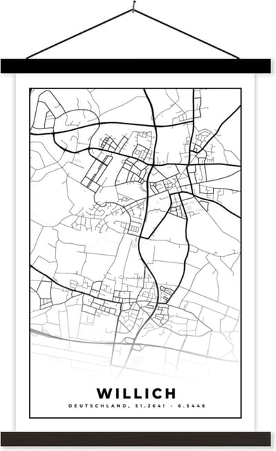 Posterhanger incl. Poster 40x60 cm - Schoolplaat - Kaart - Willich - Plattegrond - Stadskaart - Textielposter - Zwarte latten - Stadskaart