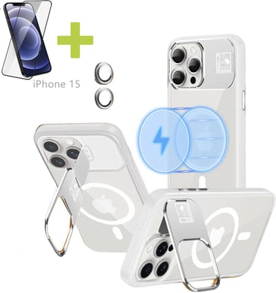 Hoesje voor iPhone 15 met Standaard, Compatibel met MagSafe, Acryl + TPU Case, Hoes ingebouwde Stash Stand-telefoonhoes, Ultradun-Wit - Screenprotector