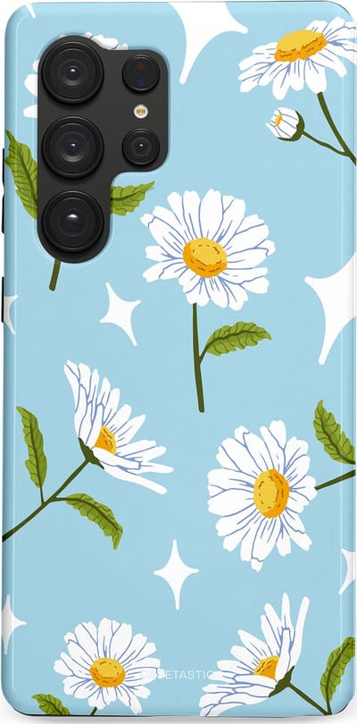 Casetastic hoesje geschikt voor Samsung Galaxy S25 Ultra - Dubbellaagse bescherming - Margrietjes in de Wind - Fashion Case - Lichtblauw Wit Groen