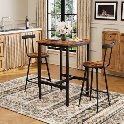 DESMIU Bartafel En Hockerset - Industriële Stijl Met Stevige Constructie - Voor Keuken En Woonkamer - Spaanplaat En Staal - 60x60x92 Cm - Bruin Zwart