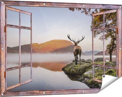 Gards Tuinposter Doorkijk Hert bij een Meer - 120x80 cm - Tuindoek - Tuindecoratie - Wanddecoratie buiten - Tuinschilderij