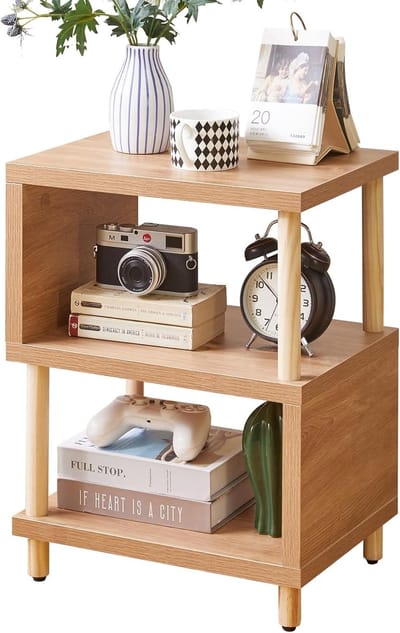 Bijzettafel 3 niveaus - Kleine tafel nachtkastje - Slaapkamer woonkamer - Industrieel design legplank - 40x30x50.5 cm - Eiken