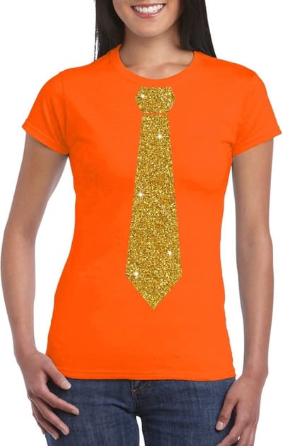 Oranje fun verkleed t-shirt - met stropdas - in glitter goud - dames - korte mouwen XS