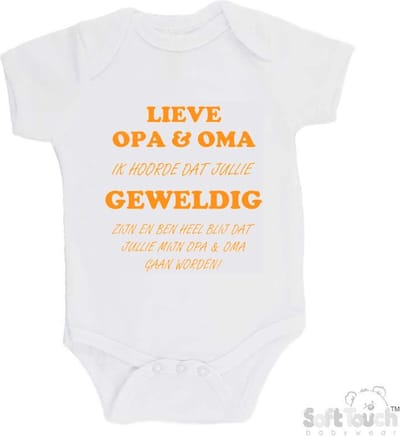 100% katoenen Romper "Lieve opa & oma ik hoorde dat jullie geweldig zijn en ben heel blij dat jullie mijn opa & oma gaan worden!" Unisex Katoen Wit/mosterd Maat 56/62