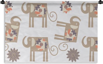Wandkleed - Wanddoek - Bloemen - Olifant - Patroon - 90x60 cm - Wandtapijt