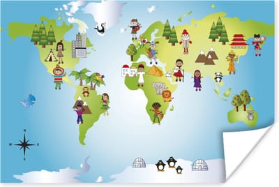 Wereldkaart - Kinderen - Natuur - Illustratie - Jongens - Meisjes - 30x20 cm - Poster - Poster Kinderkamer