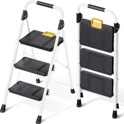 Opvouwbare Ladder - Huishoudtrap Vouwladder - Klusjes Thuis - Brede Antislip Treden - 3 Stappen - Wit