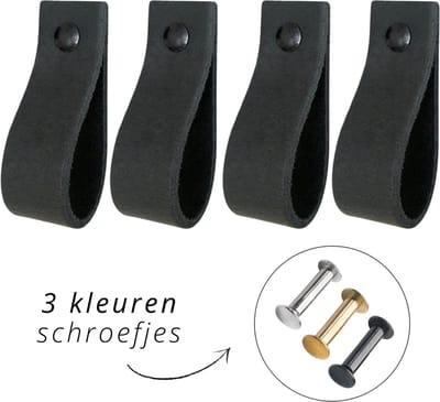 Handles and more - 4x Leren handgrepen - lusjes - Vintage Zwart - XS (12,6cm) - incl. 3 kleuren schroefjes (handgreepjes - leren greepjes - leren lusjes)