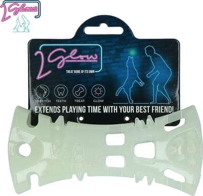 2 Glow Treat bone of its own - Hondenspeelgoed - Kauwspeeltje - TPR Rubber - 15 x 7 x 5,5 cm - Glow in the dark
