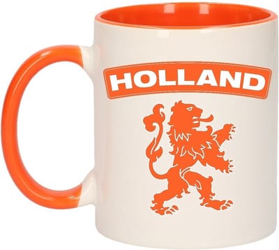 Holland oranje leeuw koffiemok - cadeau drink beker - oranje en wit - 300 ml - keramiek