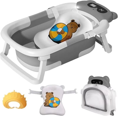 Babybadje Opulence - Grijs - Temperatuurweergave - Baby bad met standaard - Zitbad - Kinderbad - Opvouwbaar