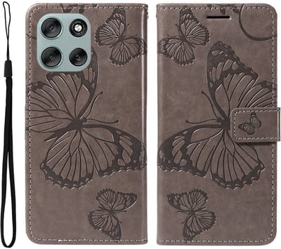 Coverup Hoesje - Geschikt voor Motorola Moto G56 Hoesje - Coverup Vlinders Book Case - Taupe Grijs