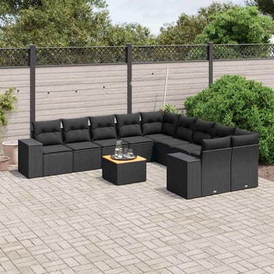 vidaXL - 11-delige - Loungeset - met - kussens - poly - rattan - zwart