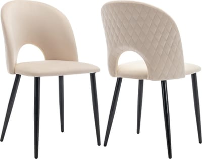 Merax Eetkamerstoelen Set van 2 – Velvet Stoelen met Ruitpatroon Rug – Beige met Zwart