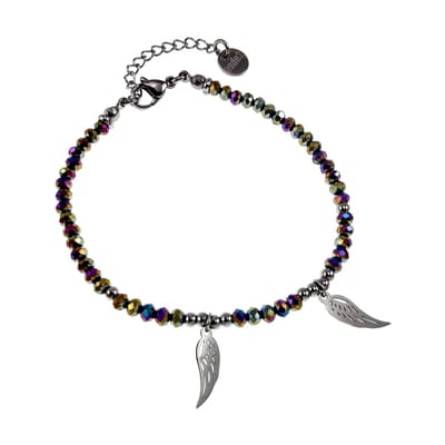 Armband Dames - Gepolijst RVS - Multicolor Gefacetteerde Kristallen Armband met Engelenvleugelhanger – Verstelbaar 15cm tot 19cm