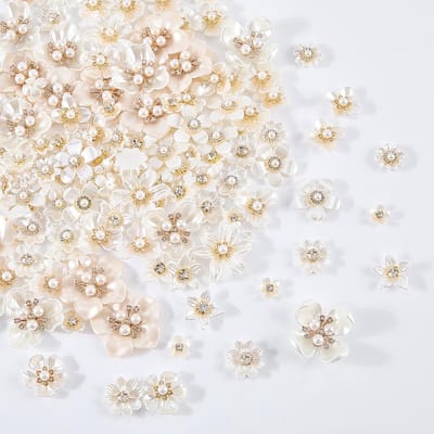 152 Stuks 17 Stijlen Faux Parel Strass Knop Acryl Decoratieve Platte Achterkant Bloem Versieringen Parel Strass Versieringen voor DIY Craft Bruiloft Haar Schoen Tas Boeket Home Decor