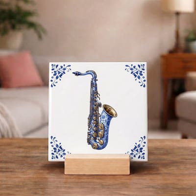 Delftsblauw Tegeltje 11x11 Saxofoon – Muziekliefhebber Cadeau