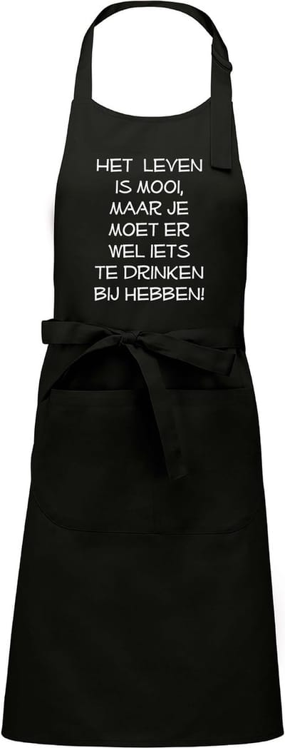 Mijncadeautje Schort - Het leven is mooi - opdruk wit - mooie en exclusieve keukenschort - zwart