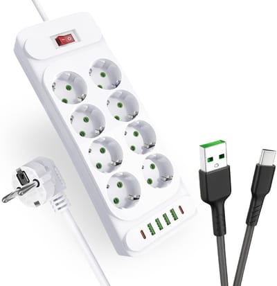 intplus+ Power Brick - 3 Meter Stekkerdoos met USB en Schakelaar - 8 Stopcontacten en 6 USB-Poorten – 4x USB-A en 2x USB-C, Snelladen, Overspanningsbeveiliging, Kinderveilig – 2500W - Wit