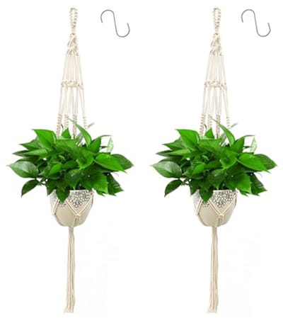 Set van 2 Macramé Plantenhangers voor Binnen en Buiten, Inclusief 2 S-vormige Haken voor Bloempotten en Tuin Decoratie