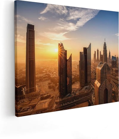 Artaza Canvas Schilderij Zonsondergang Stad - 50x40 cm - Wanddecoratie Skyline - Muurdecoratie Wolkenkrabbers - Kamer Accessoires