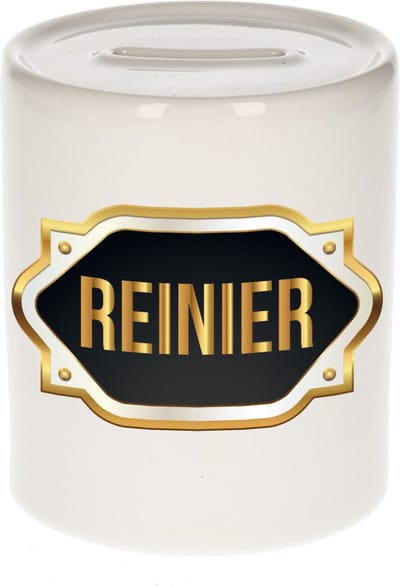 Spaarpot met voornaam Reinier - wit - met goud/zwart embleem - 8 x 9 cm - keramiek - met afsluitdop - cadeau verjaardag