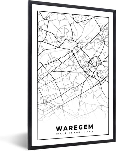 Fotolijst incl. Poster Zwart Wit- Zwart Wit – België – Plattegrond – Stadskaart – Kaart – Waregem - 40x60 cm - Posterlijst