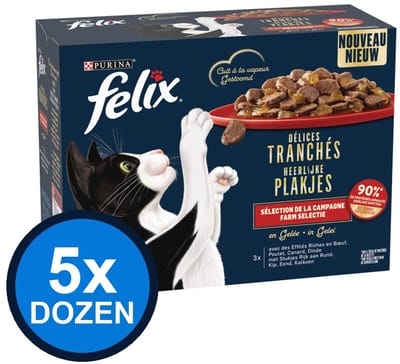 5x Felix - Heerlijke Plakjes Farm Selectie in Gelei - Kattenvoer Natvoer - 960g