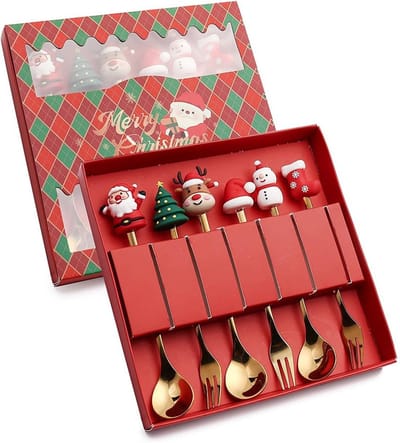 Set van 6 RVS Kerstbestek - Vorken - Lepels - Theelepels - Gouden Geschenkdoos - Feestelijk Servies