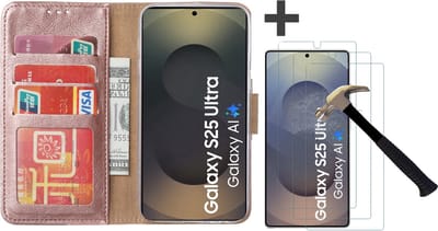 Hoesje met 3 Stuks Screenprotectors Geschikt voor Samsung Galaxy S25 Ultra – Arara bookcase met pasjeshouder - Rosegoud