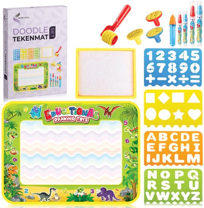 AUREVINTA® Water Tekenmat Dinosaurus – Tekenen met Water – Herbruikbare Speelmat met Waterpennen, Sjablonen en Roller