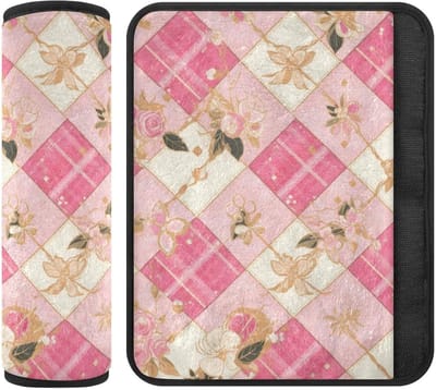 Veiligheidsgordel Padding - Gordelkussen Riembeschermer - Comfortabel Reizen - Zachte Flanellen Stof - 2 stuks - Roze Ruit