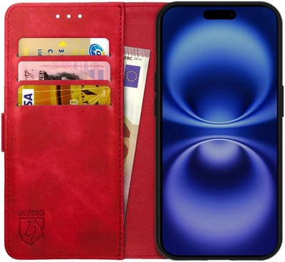 Rosso Element Geschikt voor Apple iPhone 16 Plus | Wallet Book Case | Portemonnee Hoesje | 3 Pasjes | Magneetsluiting | Stand Functie | Rood