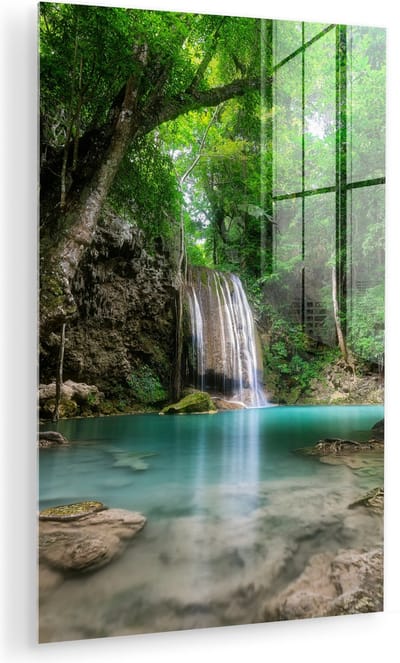 MuchoWow® Glasschilderij 120x180 cm - Schilderij acrylglas - Jungle - Waterval - Planten - Water - Natuur - Foto op glas - Muurdecoratie woonkamer - Wanddecoratie slaapkamer - Schilderijen