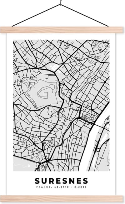 Posterhanger incl. Poster 40x60 cm - Schoolplaat - Plattegrond – Kaart – Stadskaart – Frankrijk – Suresnes - Textielposter - Blanke latten - Stadskaart
