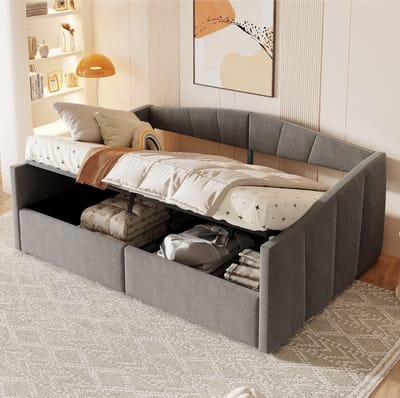 Wishdor Gestoffeerd Slaapbankbed 140x200 cm – Hydraulische Opbergruimte – Gestreept Design – Fluweel – Grijs