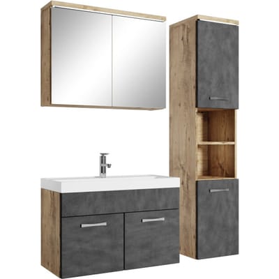 Badplaats Badkamermeubel Set Paso 80 x 40 cm – Kastanje Eiken met Donker Grijs – Badmeubel met Spiegelkast en Zijkast