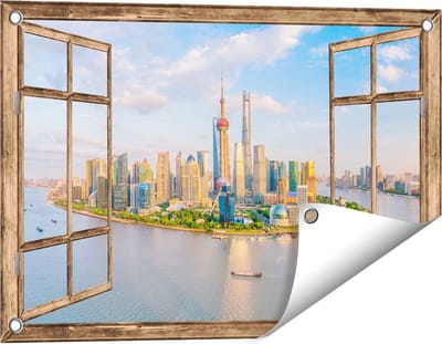 Gards Tuinposter Doorkijk Skyline Shanghai Stad in China - 60x40 cm - Tuindoek - Tuindecoratie - Wanddecoratie buiten - Tuinschilderij