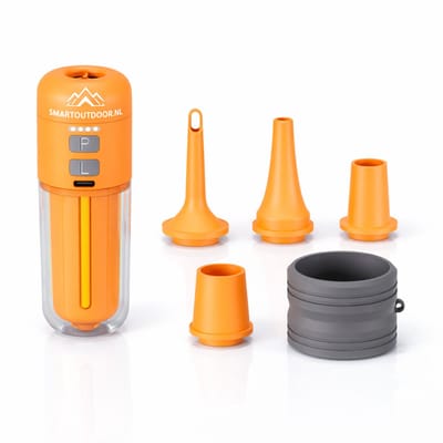SmartOutdoor zero Mini Luchtpomp X4 Oranje met LED Lamp – Oplaadbaar & Draagbaar – Elektrische Luchtbed Pomp – Inclusief 5 Opzetstukken – Voor Camping, Zwemband & Luchtbed en vacuum zakken