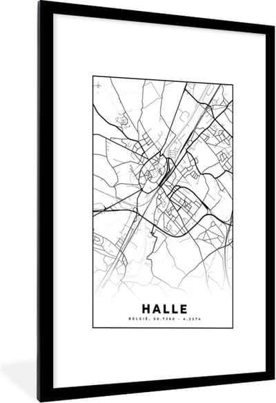 Fotolijst incl. Poster Zwart Wit- Stadskaart – Plattegrond – België – Zwart Wit – Halle – Kaart - 60x90 cm - Posterlijst