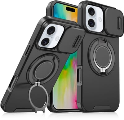 Backcover Hoes Geschikt voor: Apple iPhone 16 Pro Max - Magnetische Ringhouder met Sliding Lens Camshield - Zwart