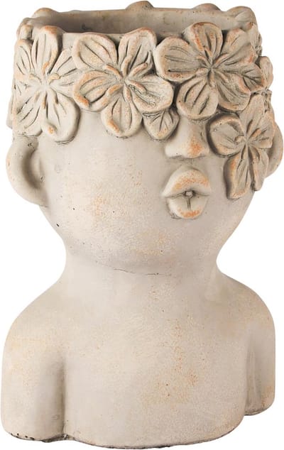 Dekoratief | Bloempot hoofd m/bloemen, grijs, cement, 18x16x25cm | A250208