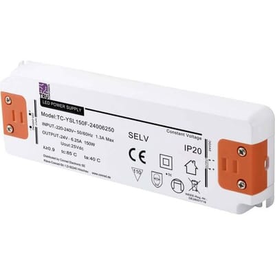 TRU COMPONENTS TC-YSL150F-24006250 LED-transformator Constante spanning 150 W 6.25 A 24 V/DC Geschikt voor meubels, Overspanning, Montage op