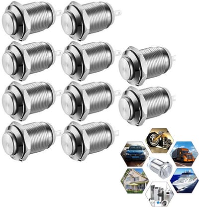10-Stuks Metalen drukknop - 12 mm zelfherstellende - Zelfvergrendelende metalen drukknop - Waterdicht IP65-classificatie - Geschikt voor apparatuurbesturing, instrumentbediening en activering van mechanische apparaten - Zilver