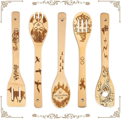 Set van 5 Houten Lepels met Grappige Magische Ontwerpen, Keukenaccessoires voor Koken, Cadeau voor Huiseigenaren en Feestdagen